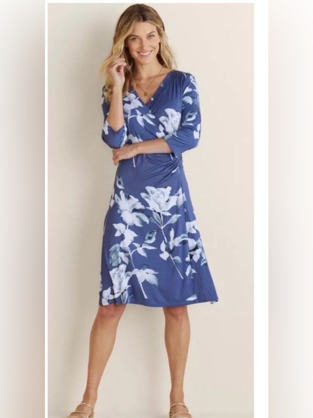 Soft Surroundings Blue Floral Ruched Wrap midi Dress Medium Boho Garden Party